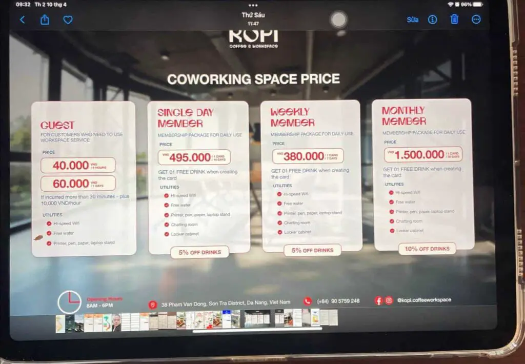 Kopi Coffee & Co-Working Space price table